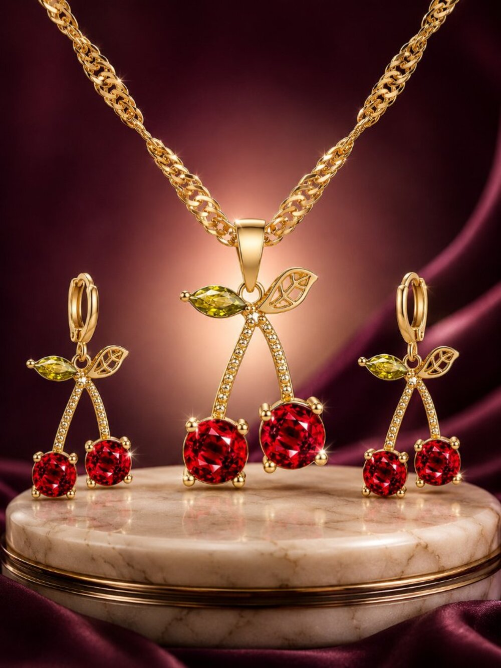 Cherry Red Crystal Necklace Earrings Jewelry Gift Set